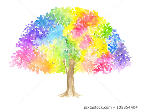 色彩繽紛的樹木畫著水彩，多樣性的樹木 108854404