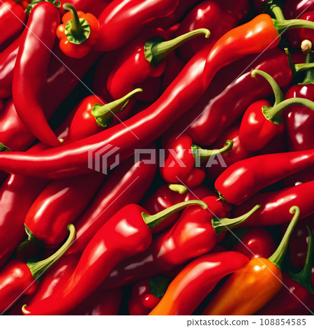 A pile of red peppers. 108854585