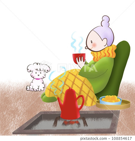 Illustration of an old woman relaxing by the hearth 108854617