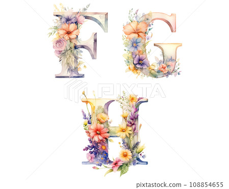 水彩風格花卉字母 F 到 H [AI 生成圖像] 108854655