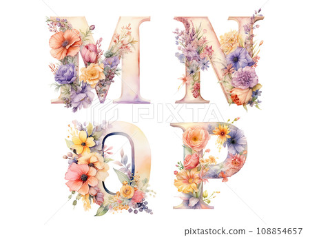 Watercolor style floral alphabet M to P [AI generated image] 108854657