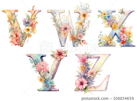 Watercolor style floral alphabet V to Z [AI generated image] 108854659