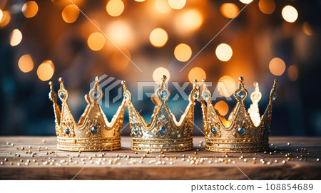 Three golden crowns sparkling festive background. Epiphany Day, Three Kings Day. Religious winter holidays card template Three golden crowns sparkling festive background. Epiphany Day, Three Kings Day. Religious winter holidays card template 108854689
