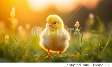 Cute yellow chick walking in the meadow AI image 108854907
