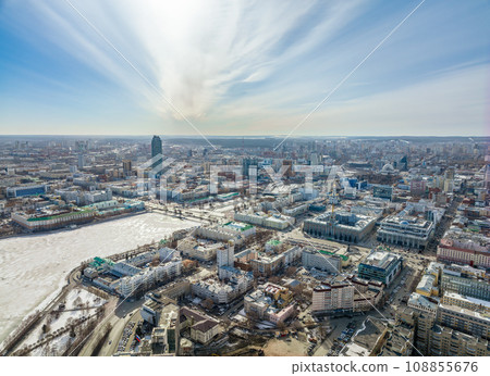 Embankment of the central pond and Plotinka. The historic center of the city of Yekaterinburg, Russia, Aerial View Embankment of the central pond and Plotinka. The historic center of the city of Yekaterinburg, Russia, Aerial View 108855676