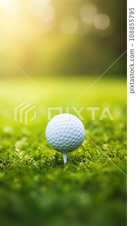 Close up photo of a golf ball on tee with blurred green bokeh background. Perfect for use in golf related advertising, social media posts, or website designs. Close up photo of a golf ball on tee with blurred green bokeh background. Perfect for use in golf related advertising, social media posts, or website designs. 108855795