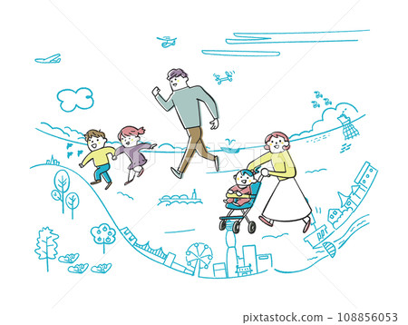 A family with young children strolling through a port town Illustration material 108856053