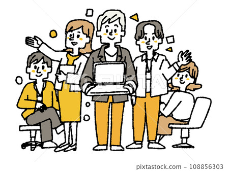 Illustration of people working in a team of 5 people. Comical hand-drawn people. Vector, color line drawing. 108856303