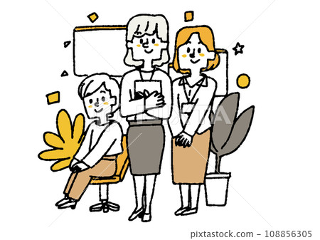 Illustration of people working in a female team. Comical hand-drawn people. Vector, color line drawing. 108856305