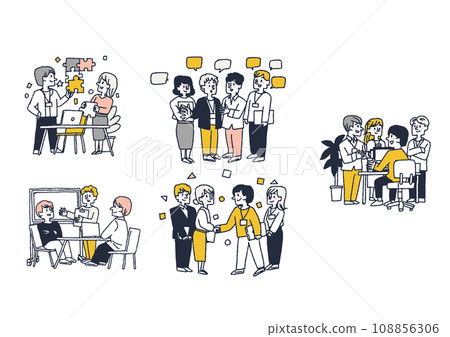 Illustration set of a business team having a conversation and working together. Comical hand-drawn characters. Vector, color line drawing. 108856306