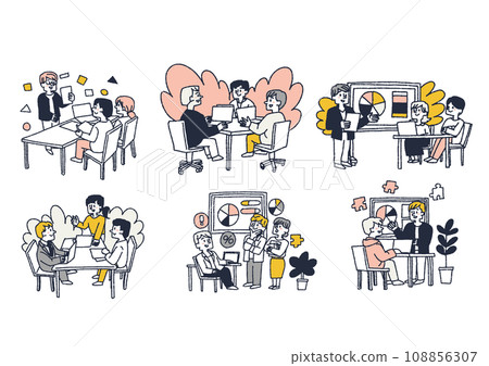 Illustration set of a business team having a conversation and working together. Comical hand-drawn characters. Vector, color line drawing. 108856307