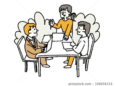 Illustration of a business team having a conversation and proceeding with work. Comical hand-drawn characters. Vector, color line drawing. 108856319
