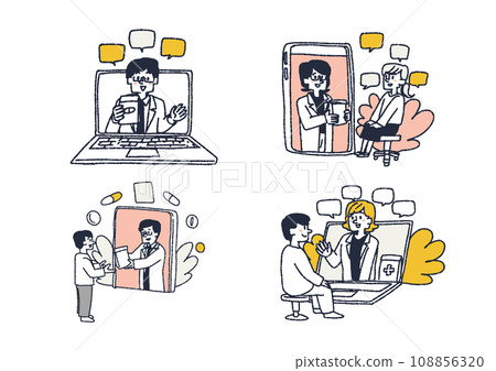 Illustration set of people who receive prescriptions for medicine on the Internet. Comical hand-drawn characters. Vector, color line drawing. 108856320