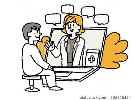 A person who receives a prescription for medicine on the Internet. Comical hand-drawn person. Vector, color line drawing. 108856324