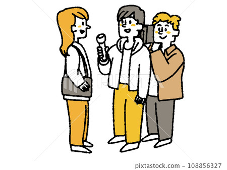 Illustration set of people being interviewed. Comical hand-drawn characters. Vector, color line drawing. 108856327