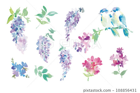 Illustration material set of wisteria flowers, flowers and birds painted in watercolor 108856431