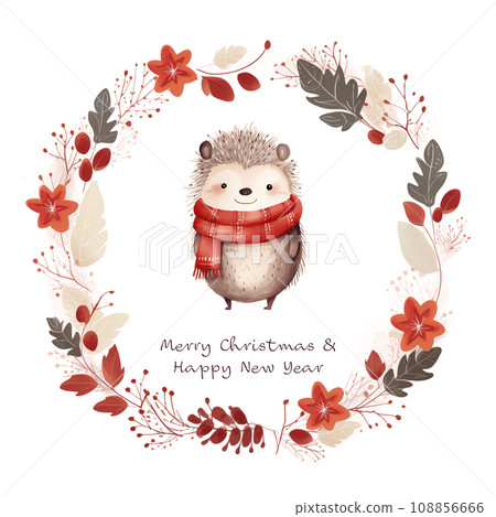 Christmas New Year greeting card watercolor illustration hedgehog Christmas New Year greeting card watercolor illustration hedgehog 108856666