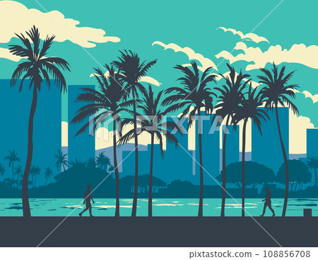 Ala Wai Canal with Cityscape in Waikiki District Honolulu Hawaii WPA Poster Art 108856708