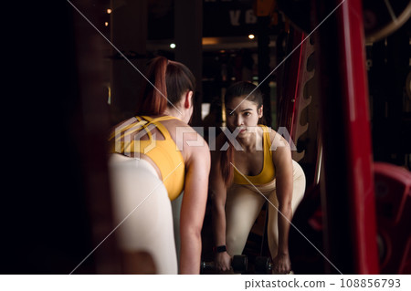 Young female doing exercise with a two dumbbell in front of a mirror in the gym. Young female doing exercise with a two dumbbell in front of a mirror in the gym. 108856793