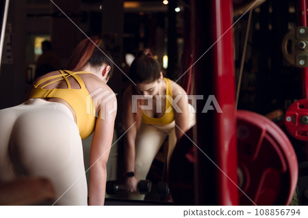 Young female doing exercise with a two dumbbell in front of a mirror in the gym. 108856794