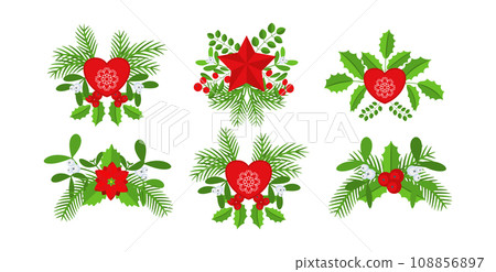Christmas wreath design element set. Spruce evergreen branch Christmas wreath design element set. Spruce evergreen branch 108856897