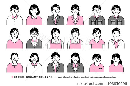 粉紅色簡單的日本人臉人物圖示插圖集，按職業劃分的商業 108856996