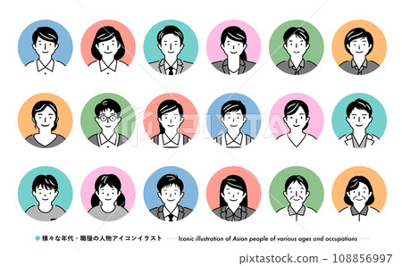 Simple round Japanese face person icon illustration set for business by occupation 108856997