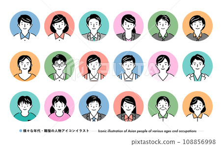Simple round Japanese face person icon illustration set for business by occupation 108856998