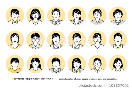 Simple yellow round Japanese face person icon illustration set for business by occupation Simple yellow round Japanese face person icon illustration set for business by occupation 108857001