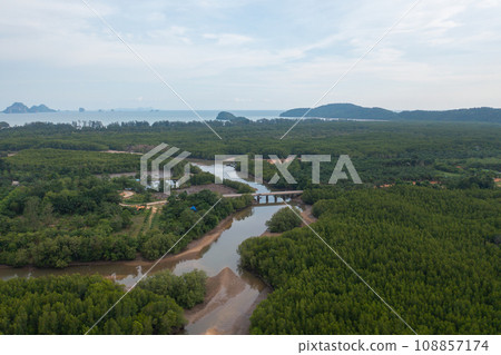 Aerial top view of a bridge with garden park with green mangrove forest trees, river, pond or lake. Nature landscape background, Thailand. Aerial top view of a bridge with garden park with green mangrove forest trees, river, pond or lake. Nature landscape background, Thailand. 108857174