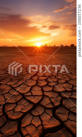 Stunning sunset over a dried out field. The golden sun casts a warm glow over the cracked earth, creating a dramatic and beautiful scene. 108857236