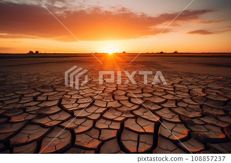 Stunning sunset over a dried out field. The golden sun casts a warm glow over the cracked earth, creating a dramatic and beautiful scene. Stunning sunset over a dried out field. The golden sun casts a warm glow over the cracked earth, creating a dramatic and beautiful scene. 108857237