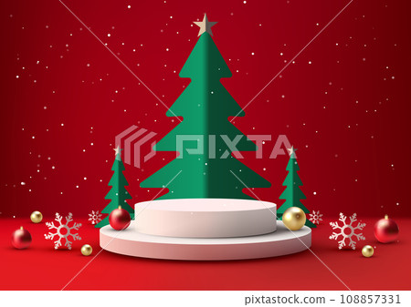 3D Realistic White Christmas Podium on Red Background for Product Display 3D Realistic White Christmas Podium on Red Background for Product Display 108857331