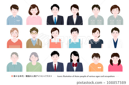 簡單的日本人臉人物圖示插圖集，按職業劃分的商業 108857389