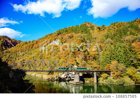 只見線紀波E120號列車在秋天穿越只見川第四大橋（福島縣金山町，10月下旬下午） 108857505