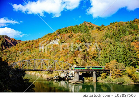 只見線紀波E120號列車在秋天穿越只見川第四大橋(福島縣金山町,10月下旬下午) 只見線紀波E120號列車在秋天穿越只見川第四大橋(福島縣金山町,10月下旬下午) 108857506
