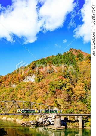 只見線紀波E120號列車在秋天穿越只見川第四大橋(福島縣金山町,10月下旬下午) 只見線紀波E120號列車在秋天穿越只見川第四大橋(福島縣金山町,10月下旬下午) 108857507