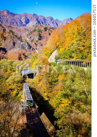 只見線，紀波E120號列車在秋天穿過與印澤大橋（福島縣只見町，11月初清晨） 108857515