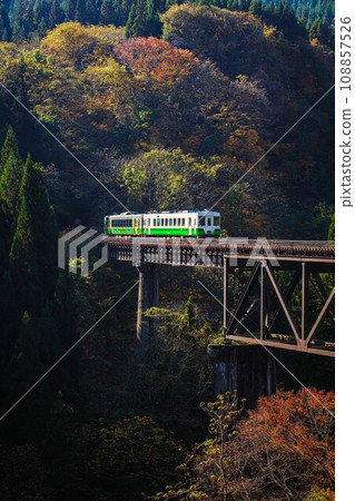 Tadami Line train crossing the Takitani River Bridge in autumn (Yanaizu Town, Fukushima Prefecture, afternoon in early November) Tadami Line train crossing the Takitani River Bridge in autumn (Yanaizu Town, Fukushima Prefecture, afternoon in early November) 108857526