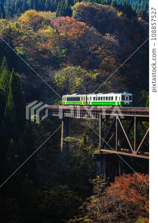 Tadami Line train crossing the Takitani River Bridge in autumn (Yanaizu Town, Fukushima Prefecture, afternoon in early November) Tadami Line train crossing the Takitani River Bridge in autumn (Yanaizu Town, Fukushima Prefecture, afternoon in early November) 108857527