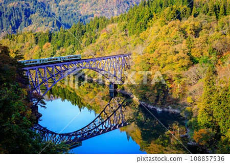 Special train "Tadami Line Kankan" crossing the Daiichi Tadami River Bridge in autumn (Mishima Town, Fukushima Prefecture, afternoon in early November) Special train "Tadami Line Kankan" crossing the Daiichi Tadami River Bridge in autumn (Mishima Town, Fukushima Prefecture, afternoon in early November) 108857536