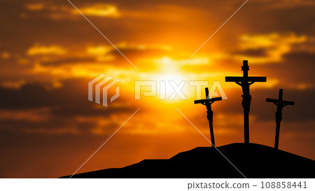The Crucifixion Of Jesus Christ in twilight sky 3d rendering. 108858441
