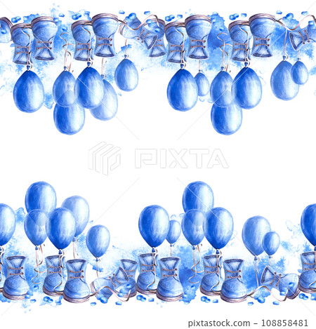Seamless square frame with blue air ballon, baby shoes, booties and blue peas. Watercolor painted illustration for newborn, gender reveal, happy birthday party card print. Isolated on white background 108858481