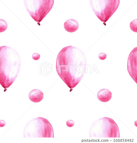 Pink air balloon seamless pattern with bubbles and peas. Its a baby girl, newborn birthday party Hand painted watercolor illustration isolated on white background for print cover, wrapping, wallpaper. 108858482