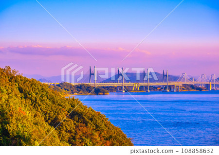 Seto Ohashi Bridge and the Seto Inland Sea reflected in the setting sun Seto Ohashi Bridge and the Seto Inland Sea reflected in the setting sun 108858632