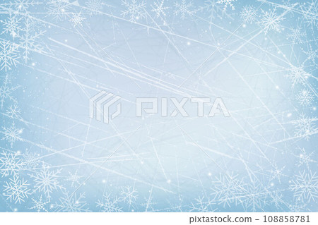 Rink surface texture. Winter background with blue ice and snowflakes. Hockey field, skating arena wallpaper. Vector illustration 108858781