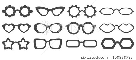 Groovy vector sunglasses. Retro hippy eyewear. Heart star and flower-shaped glasses. 70s funky design. Set of summer outfit Groovy vector sunglasses. Retro hippy eyewear. Heart star and flower-shaped glasses. 70s funky design. Set of summer outfit 108858783