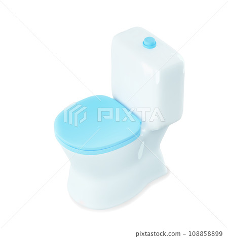 3D Cartoon Toilet with Tank Isolated on White Background. Toilet with Closed Blue Lid of Seat. Vector Illustration of 3D Render. 108858899
