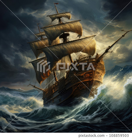 Stormy ocean with a large pirate ship Stormy ocean with a large pirate ship 108859503