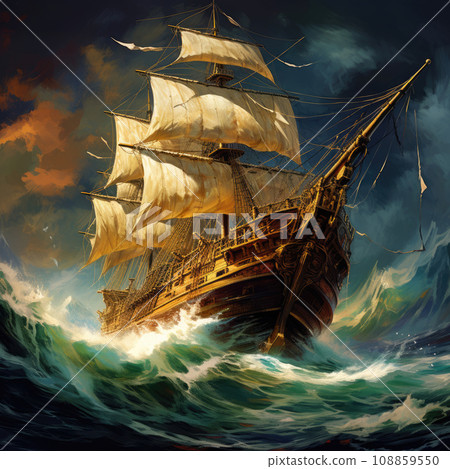 Landscape with pirate ship in the sea, lightning in the sky full of clouds, horizon in the background Landscape with pirate ship in the sea, lightning in the sky full of clouds, horizon in the background 108859550